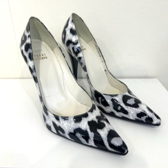 Stuart Weitzman Black and White Leopard Print Patent Leather Heel Shoes Size 7 - Picture 1 of 5